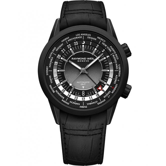 RAYMOND WEIL Freelancer Mens GMT Worldtimer Black Leather Watch 41mm